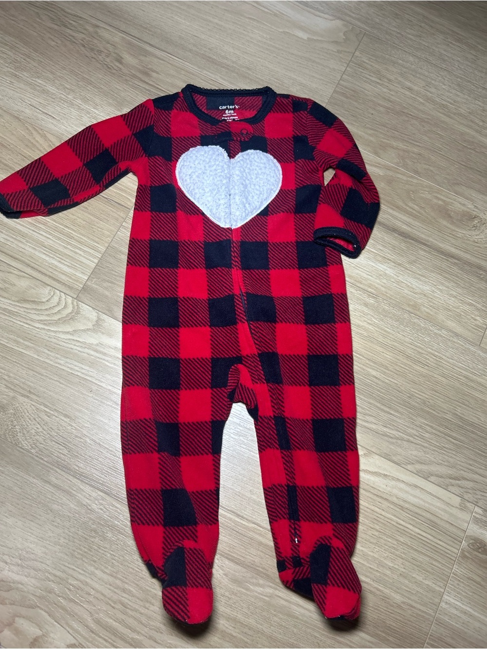 Carter's Red and Black Buffalo Plaid Fleece Heart Footed One-Piece
